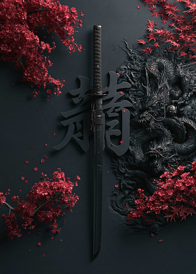 Katana Sword with Dragon and Blossoms