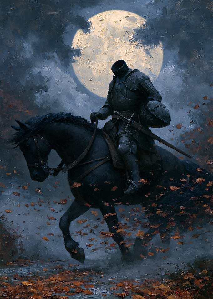 Headless Horseman Riding Under Full Moon