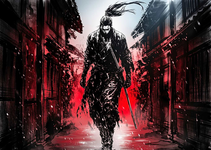 Samurai Warrior Walking Through Red Alley