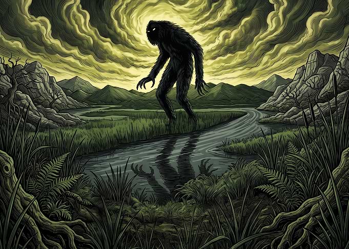 Bigfoot Stalking Through a Misty Swamp