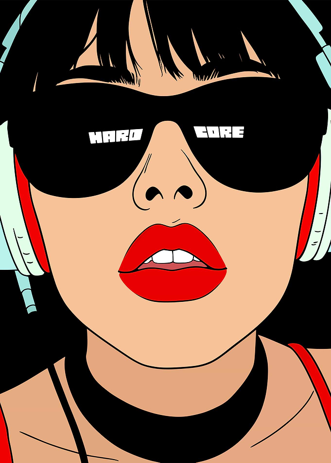 Hardcore Pop Art DJ Girl with Headphones