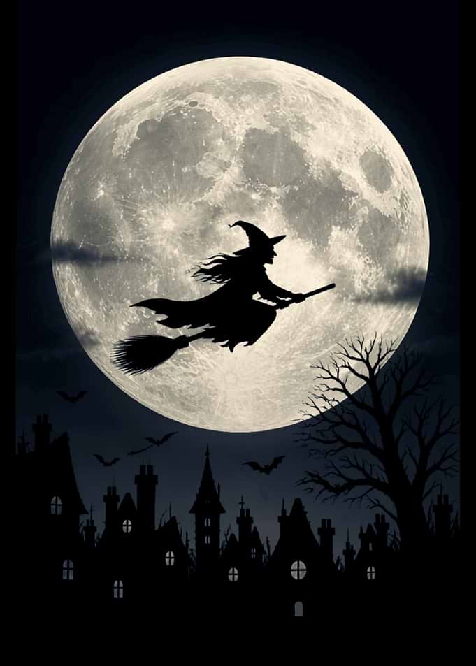 Witch Flying Past Full Moon