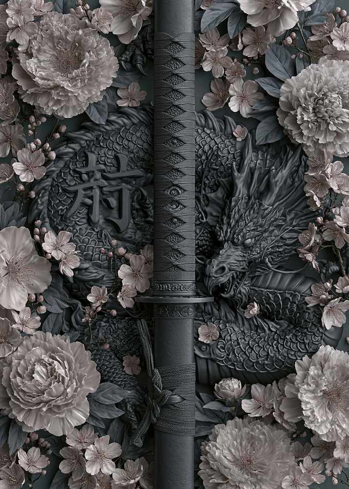 Black Katana with Dragon and Flowers
