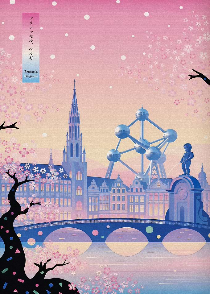 Brussels Cityscape with Cherry Blossoms
