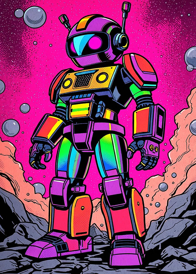 Retro Neon Robot in Space