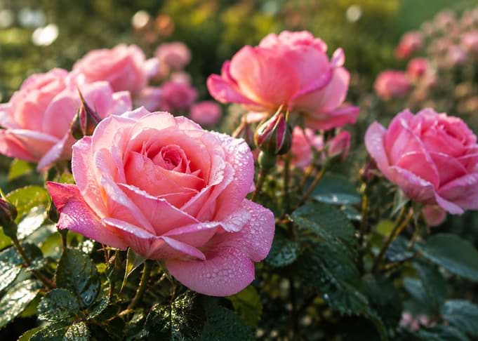 Dew-Kissed Pink Roses in Garden