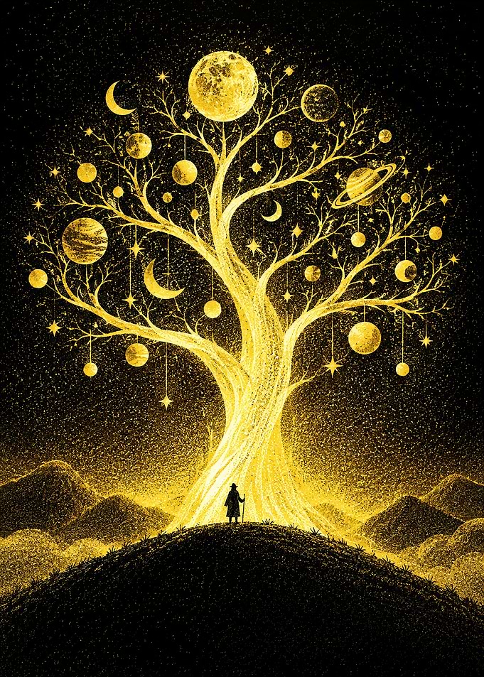 Moonlit Golden Celestial Tree of Planets