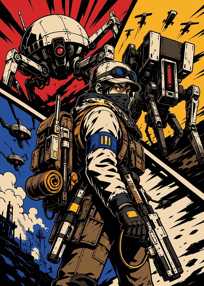 Futuristic Soldier with Combat Drones