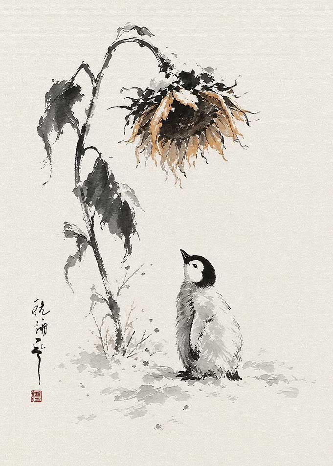 Ink Wash Painting of Penguin and Sunflower