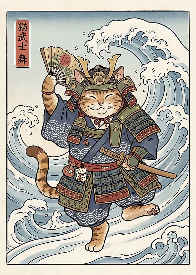 Samurai Cat Ukiyo-e Style Illustration