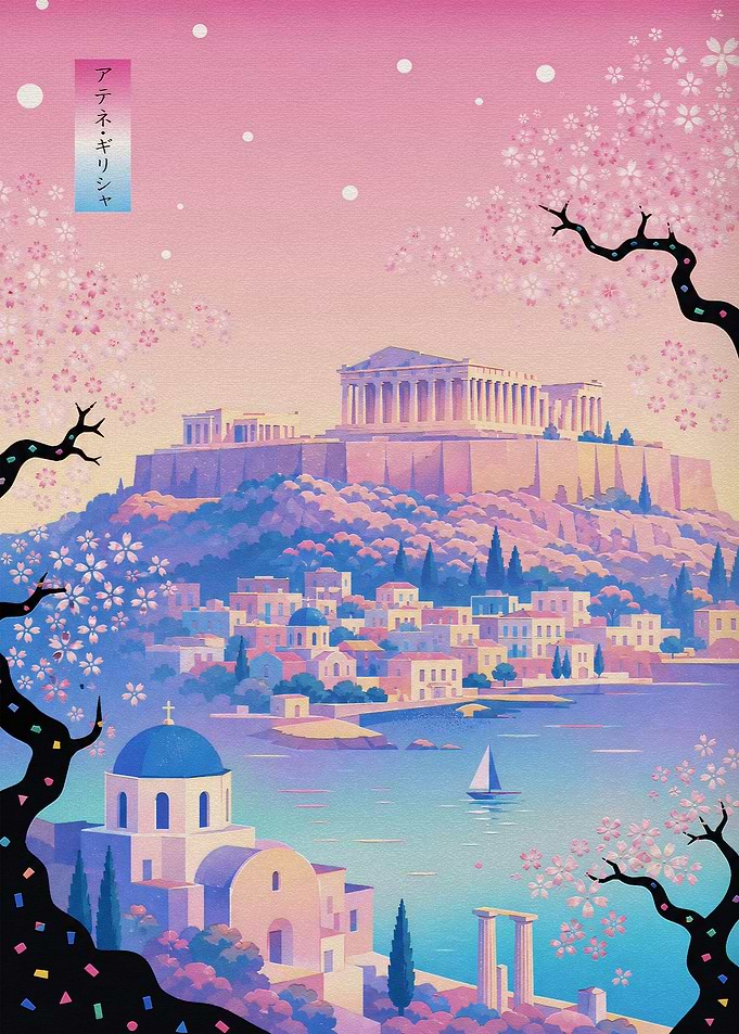 Acropolis and Cherry Blossoms Illustration