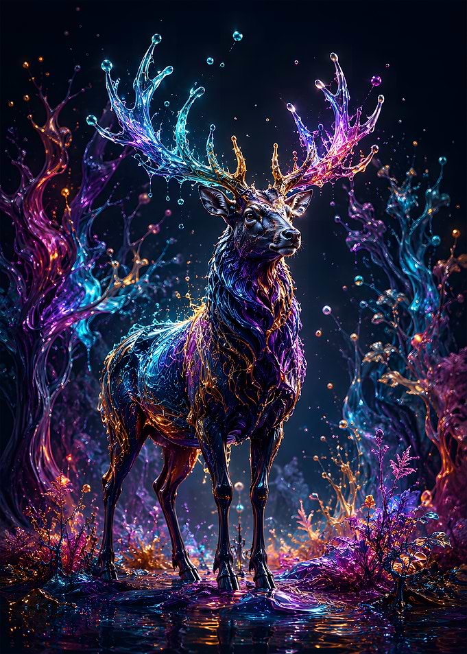 Stag of Crystal Antlers in Fluid Forest