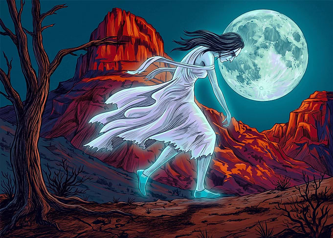 Ghostly Woman in Desert Landscape