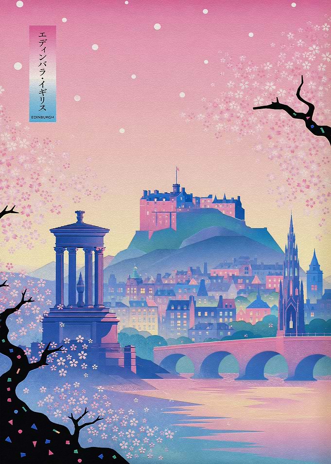 Edinburgh Castle Cherry Blossom Illustration