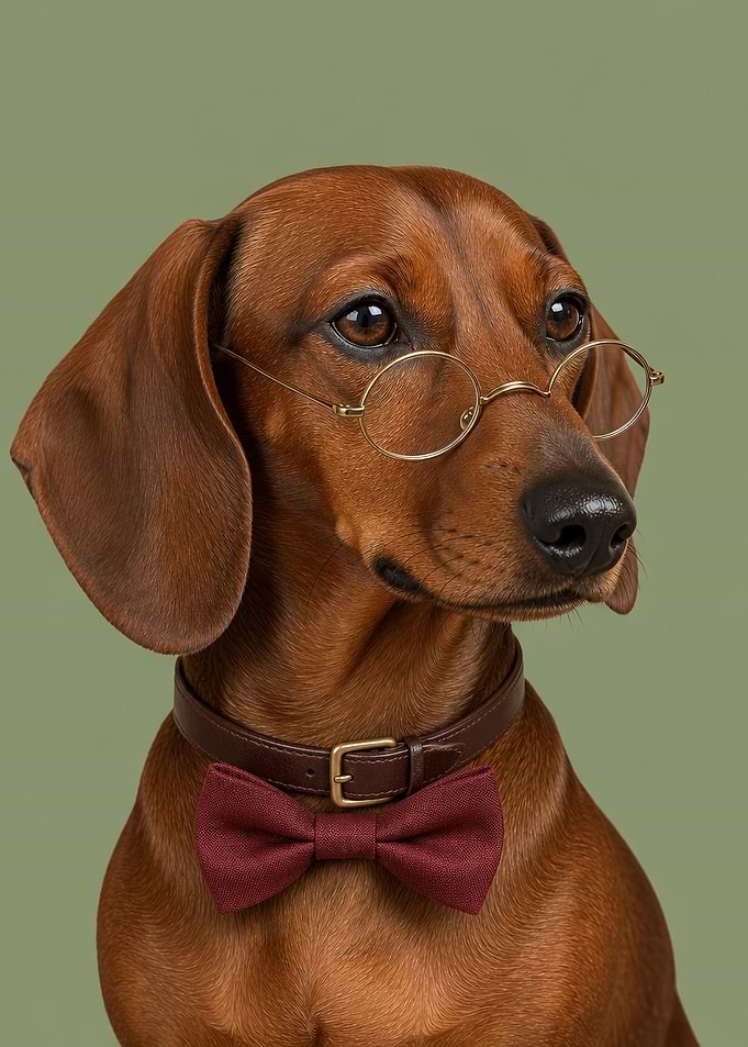 Dapper Dachshund in Glasses and Bowtie