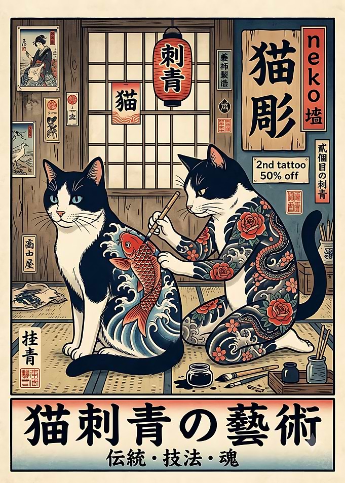 Japanese Tattoo Artist Cat Illustration