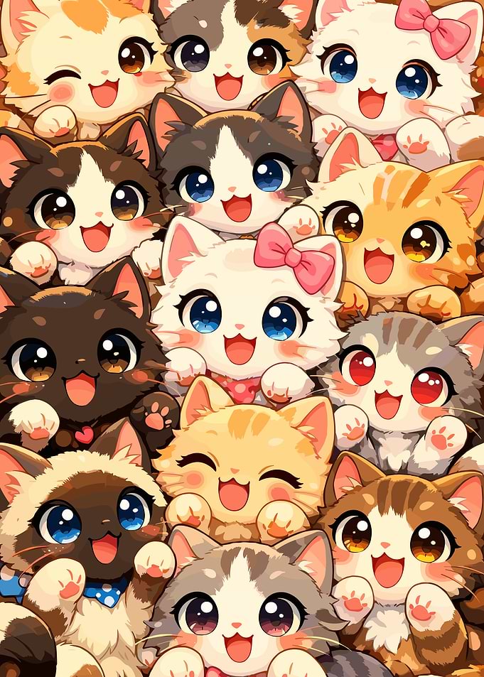 Group of Adorable Cartoon Kittens