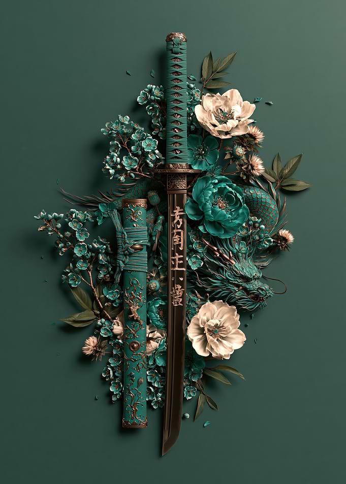 Teal Katana with Dragon and Flowers