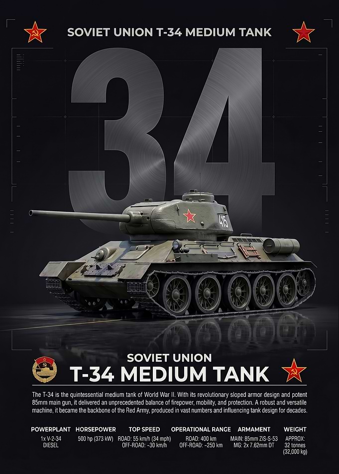 Soviet T-34 Medium Tank Infographic Poster