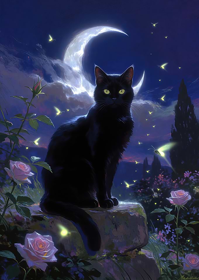 Black Cat Under Crescent Moon