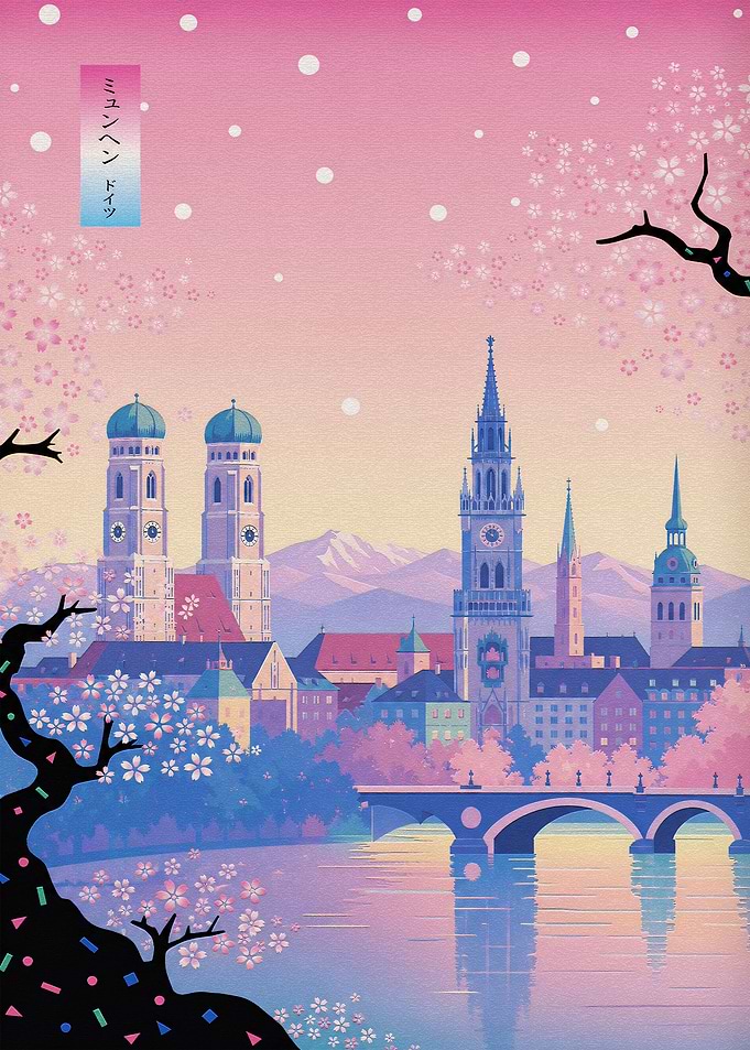 Munich Cityscape with Cherry Blossoms