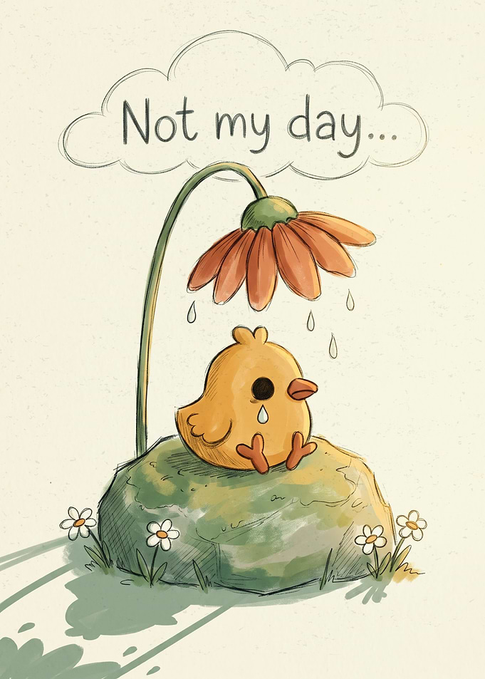Sad Little Chick Under Flower