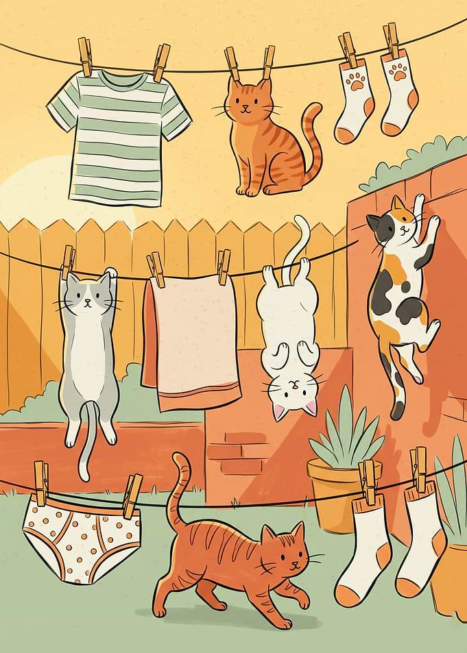 Playful Cats on Clothesline Illustration