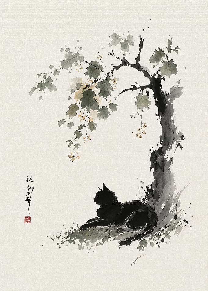 Black Cat Resting Under Tree