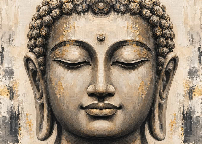 Serene Buddha Face โ Gold and Charcoal Zen Art.