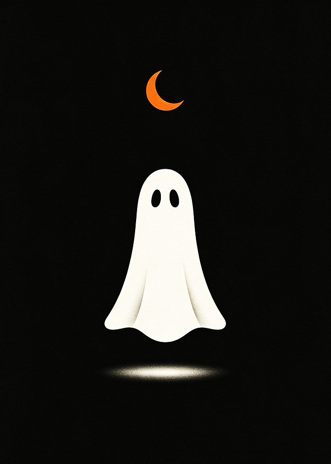 Minimalist Ghost Under Crescent Moon