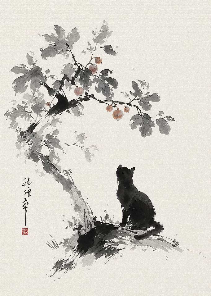 Black Cat Under Fruit Tree Painting