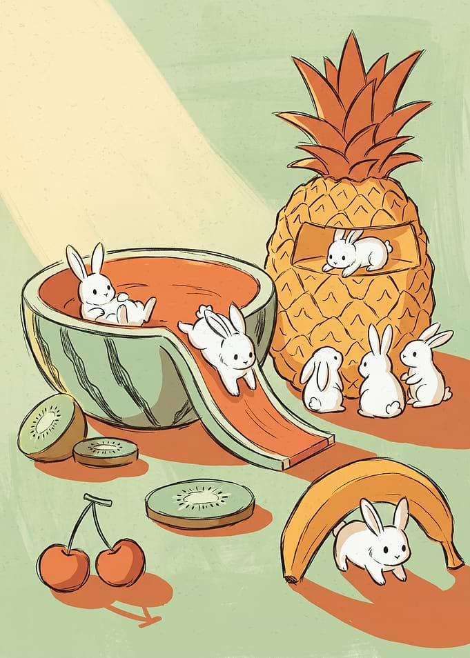 Cute Bunnies Playing in Fruit Playground