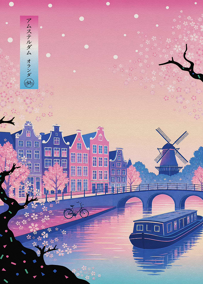 Amsterdam Canal Scene with Cherry Blossoms