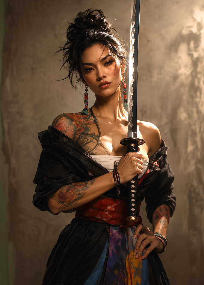 Tattooed Warrior Woman with Katana