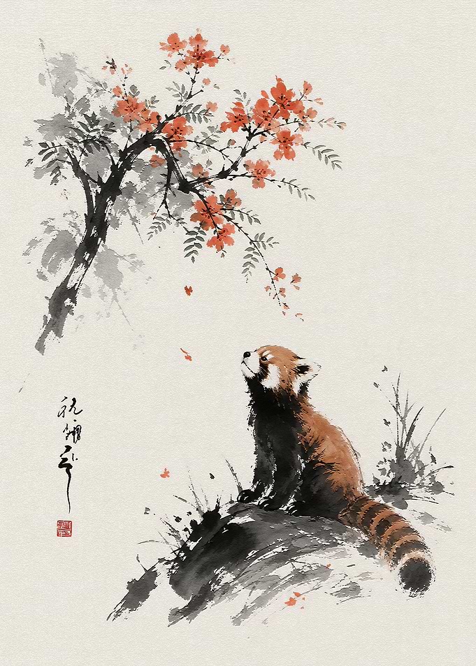 Red Panda Under Flowering Tree