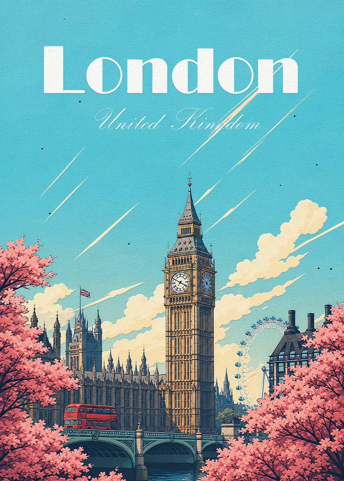 London Travel Poster with Cherry Blossoms