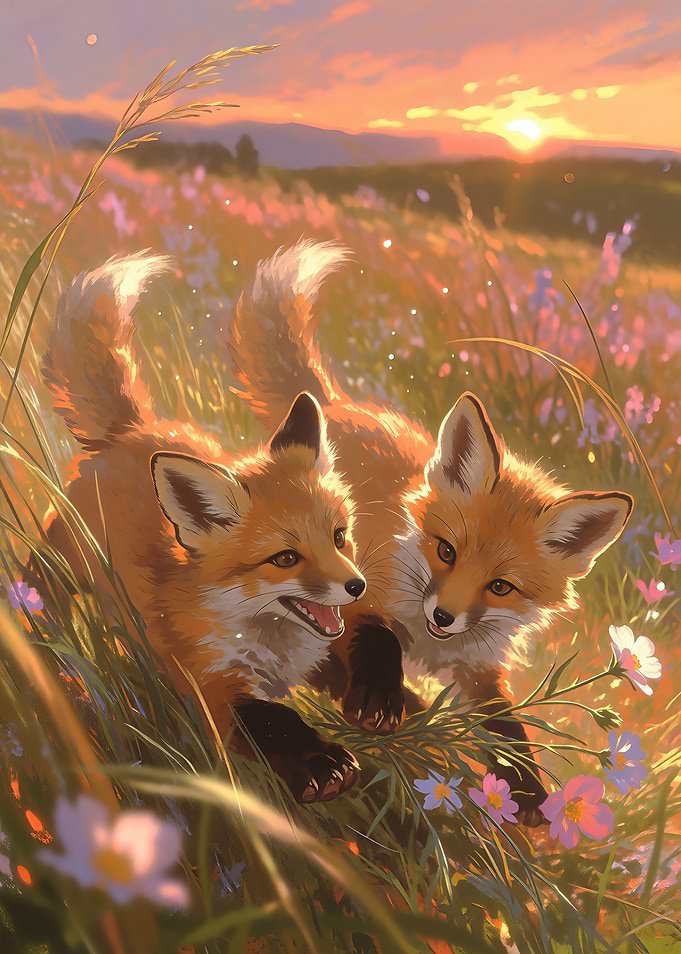 Two Playful Fox Kits at Sunset