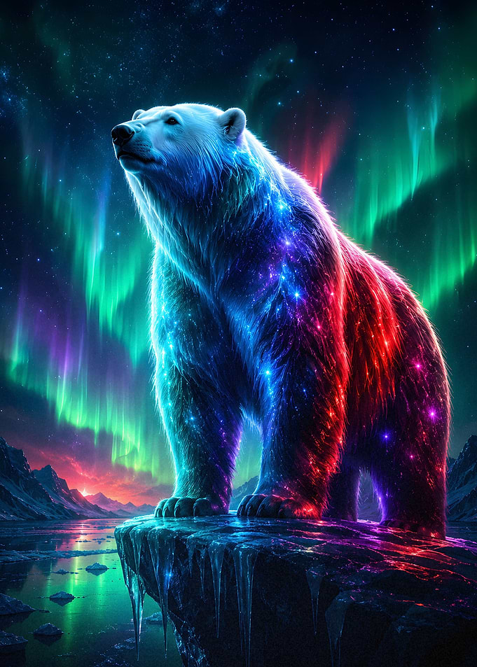 Cosmic Polar Bear Under Aurora