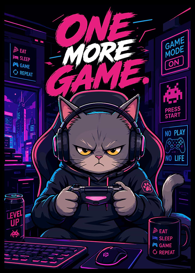 One More Game Gamer Cat Poster