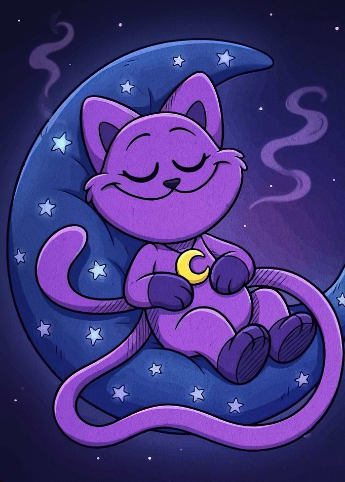 Purple Cat Sleeping on Crescent Moon