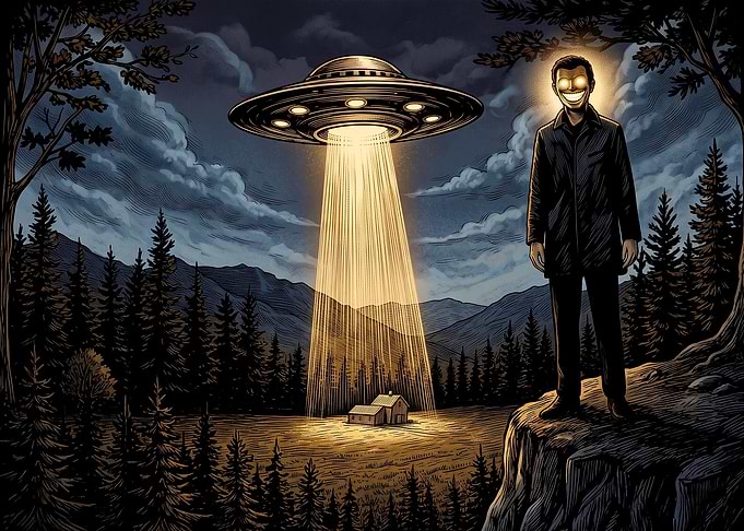 UFO Abduction Over Forest Cabin
