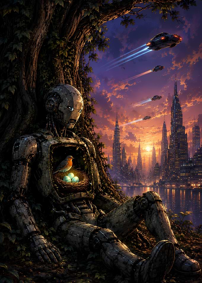 Robot Nurturing Life in Futuristic City