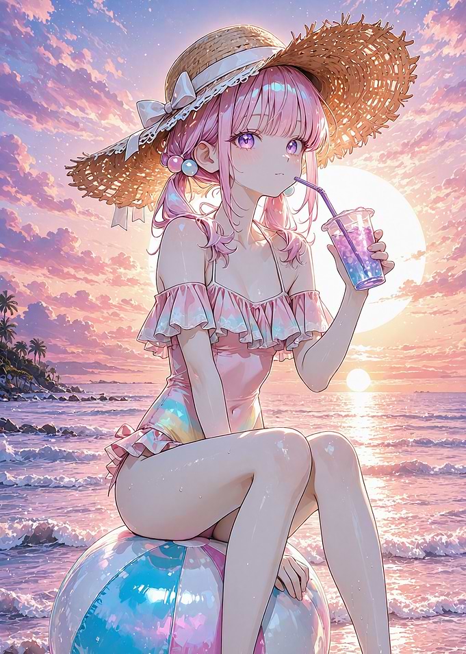 Anime Girl at Sunset Beach