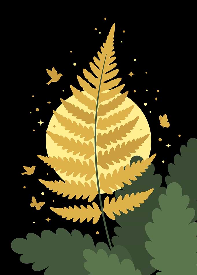 Golden Fern and Moon Illustration
