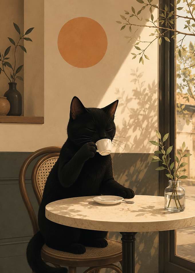 Black Cat Drinking Espresso