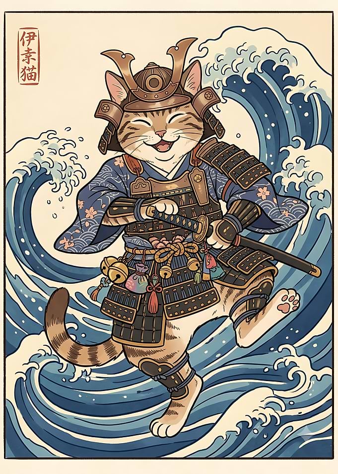 Happy Samurai Cat Ukiyo-e Illustration