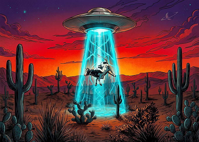 UFO Abducting a Cow in Desert