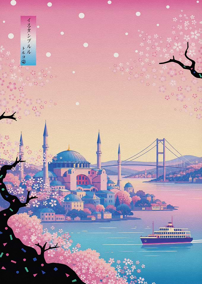 Istanbul Skyline with Cherry Blossoms