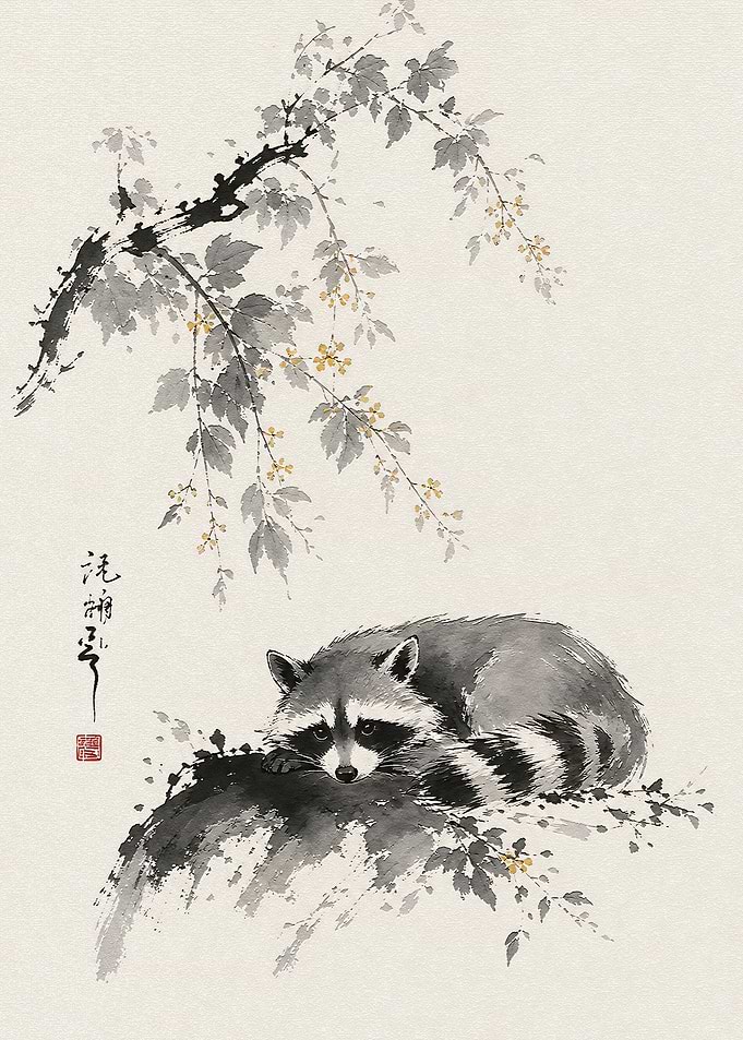Sumi-e Style Raccoon Resting Under Branches
