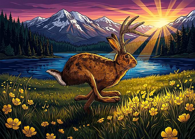 Jackalope Running in Mountain Landscape